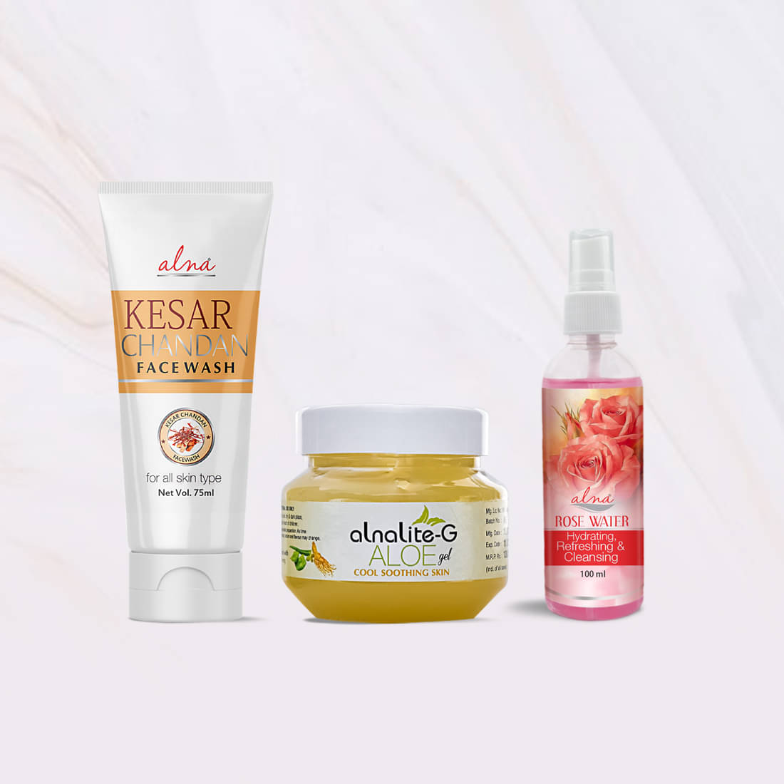    			Alna Kesar Chandan Face Wash 75ml with Alnalite-G Aloe Gel 100gm & Rose Water 100ml , Pack of 3