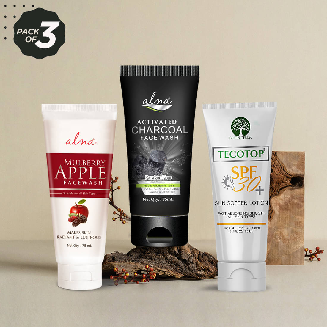     			Alna Mulberry Apple Face Wash with Charcoal Face Wash 75ml Each & Tecotop Spf 30+ 100ml , Pack of 3