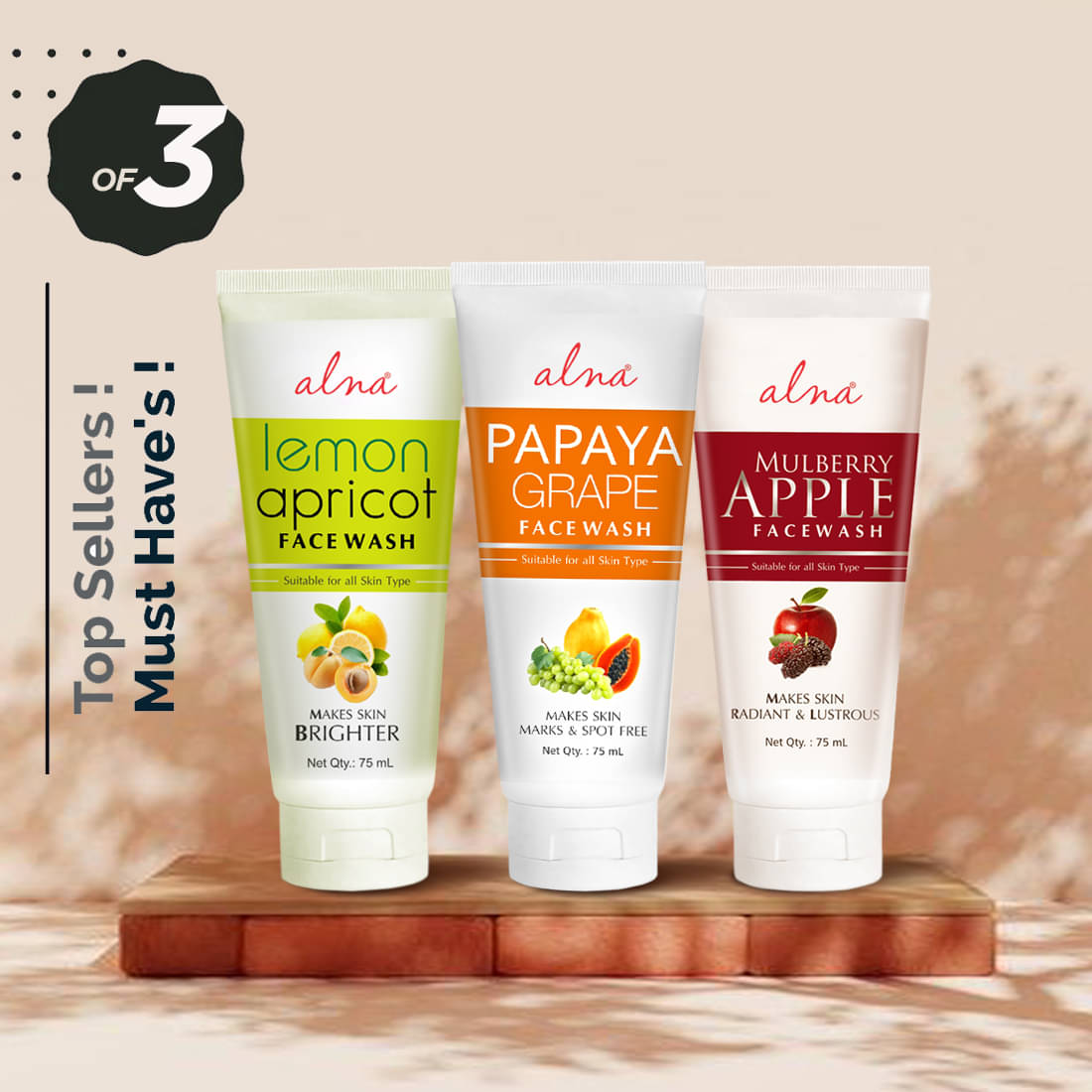     			Alna Lemon Face Wash with Papaya Grape Face Wash & Mulberry Apple Face Wash 75ml Each , Pack of 3