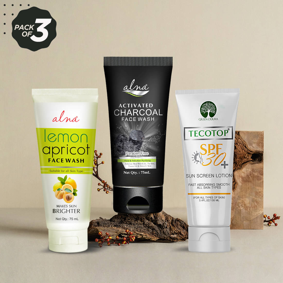     			Alna Lemon Apricot Face Wash with Charcoal Face Wash 75ml Each & Tecotop SPF 30+ 100ml , Pack of 3