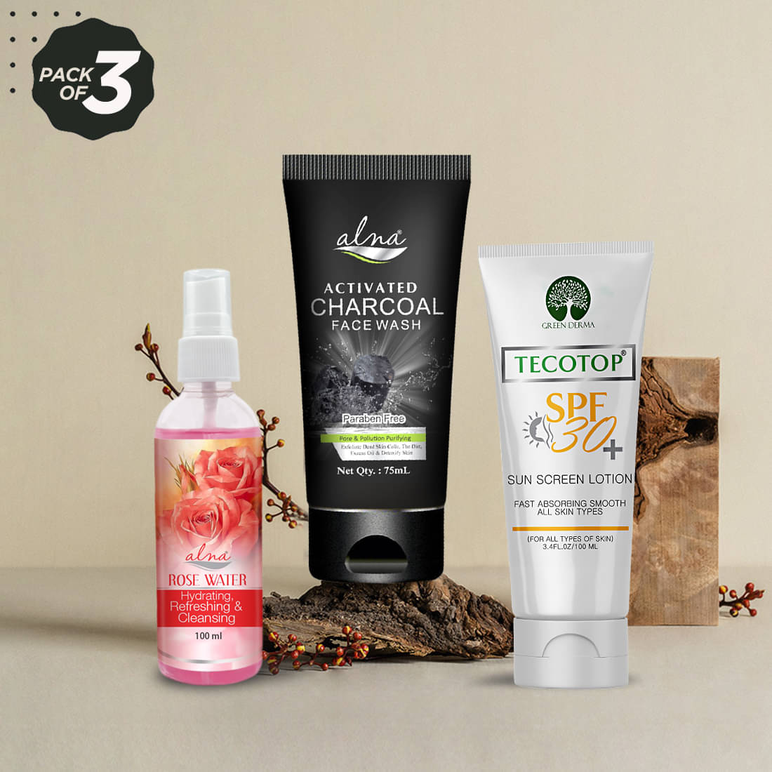    			Alna Rose Water 100ml with Charcoal Face Wash 75ml & Tecotop Spf 30+ 100ml , Pack of 3