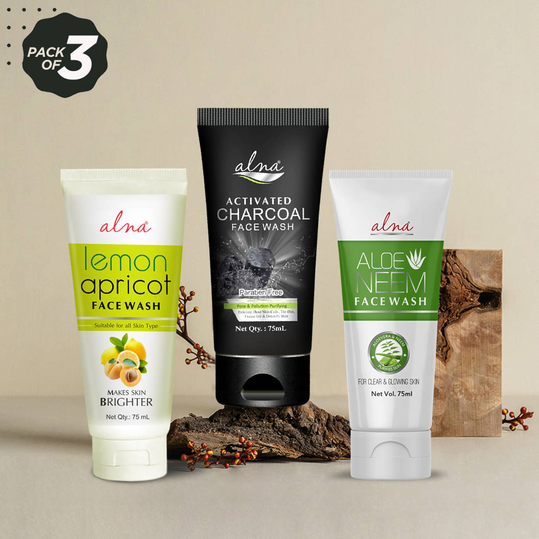     			Alna Lemon Apricot Face Wash with Charcoal Face Wash & Neem Face Wash 75ml Each , Pack of 3