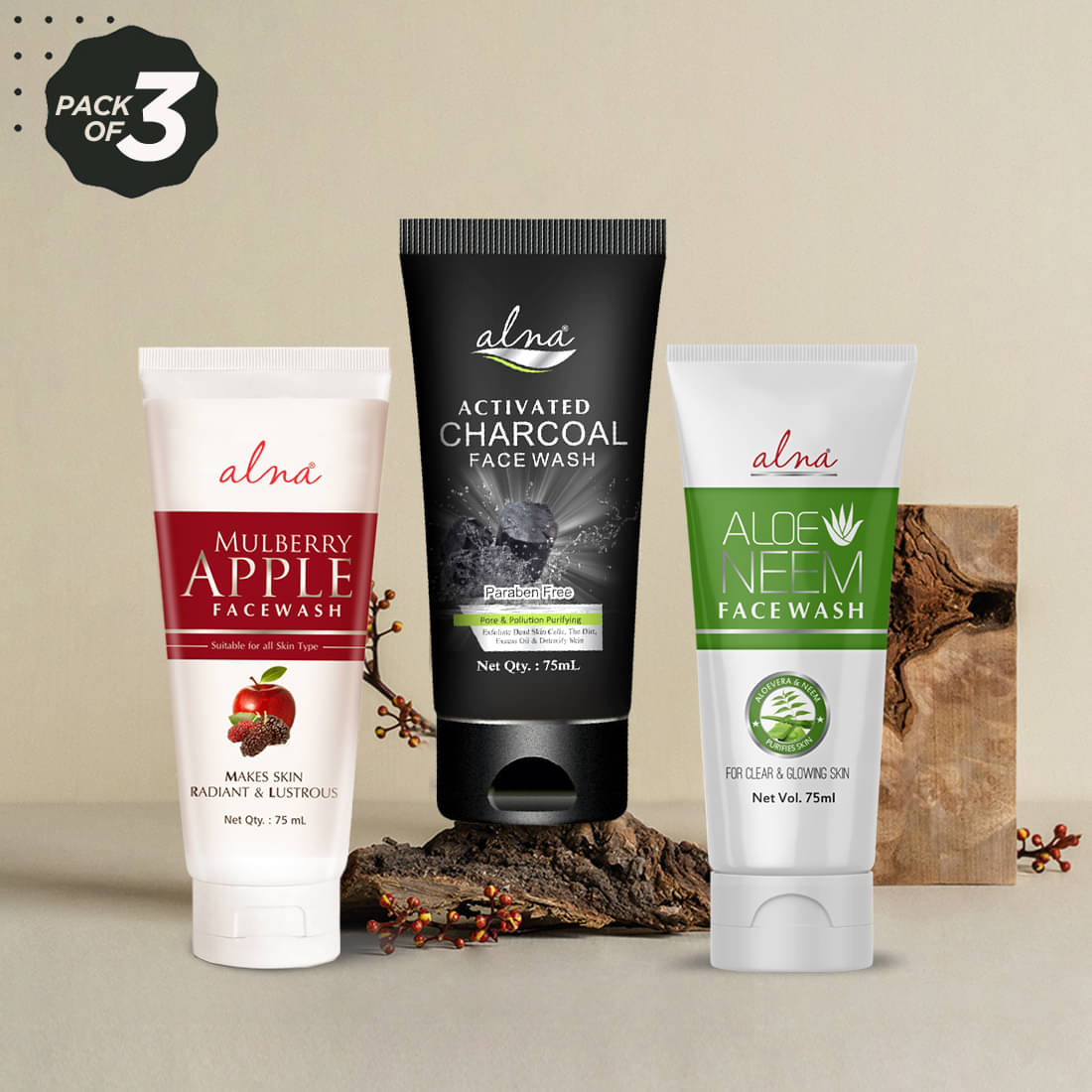     			Alna Mulberry Apple Face Wash with Charcoal Face Wash & Neem Face Wash 75ml Each , Pack of 3