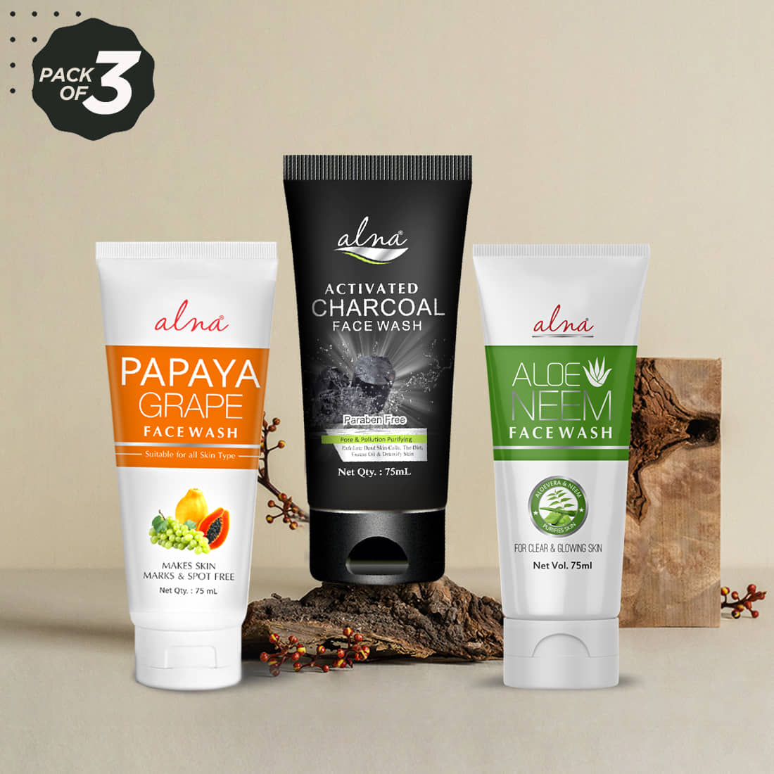 Alna Papaya Grape Face Wash with Charcoal Face Wash & Neem Face Wash 75ml Each , Pack of 3
