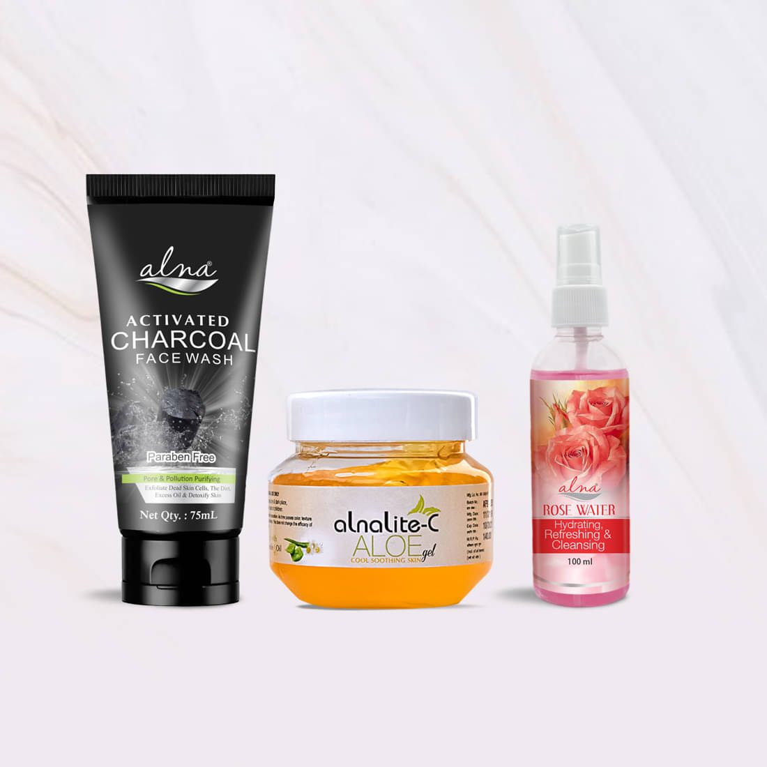     			Alna Charcoal Face Wash 75ml with Alnalite-C Aloe Gel 100gm & Rose Water 100ml , Pack of 3