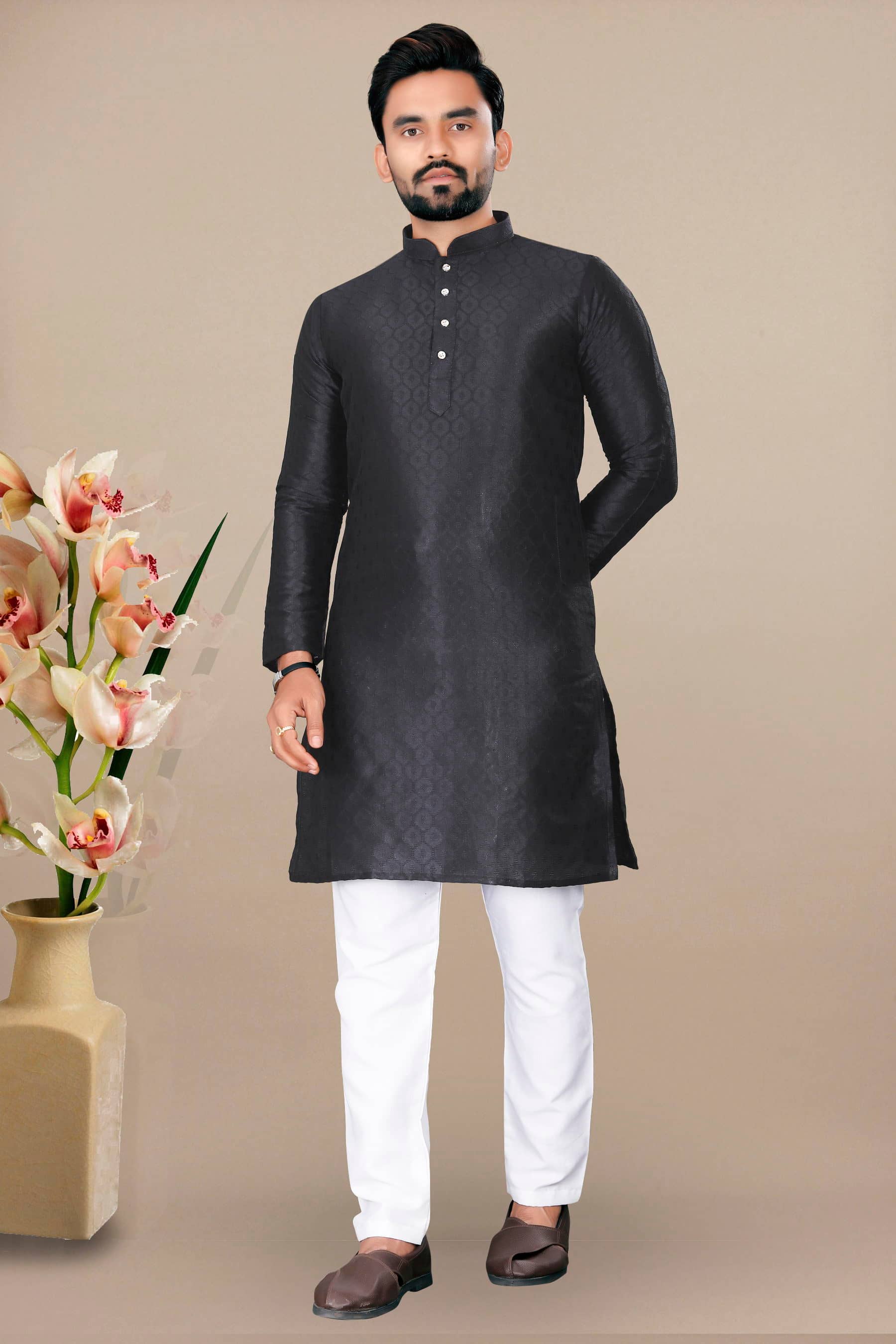 Balaji's Silk Self Design Relaxed Fit Kurta Pyjama Set For Men ( Black ) - Kurtas & Kurta Sets | Buy online on ZillyBuy