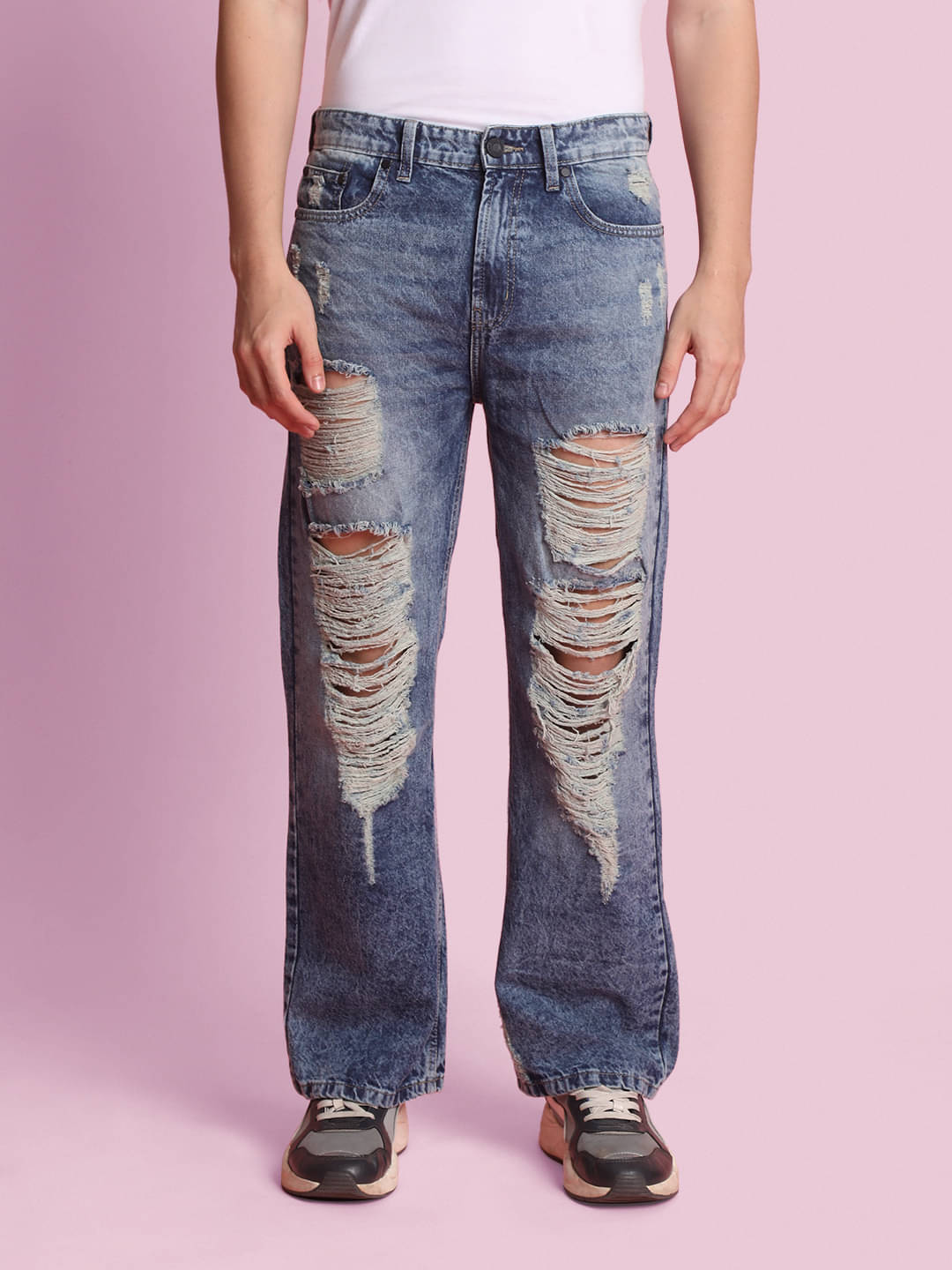     			Bene Kleed Men Wide Leg Highly Distressed Heavy Fade Jeans