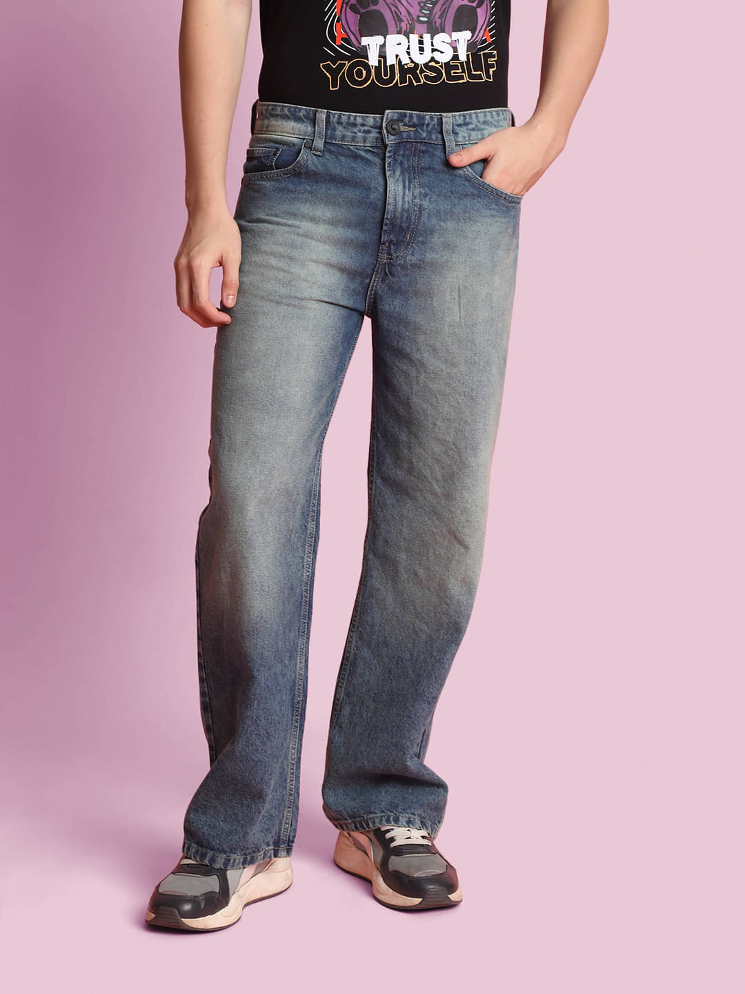     			Bene Kleed Men Wide Leg Slash Knee Heavy Fade Jeans