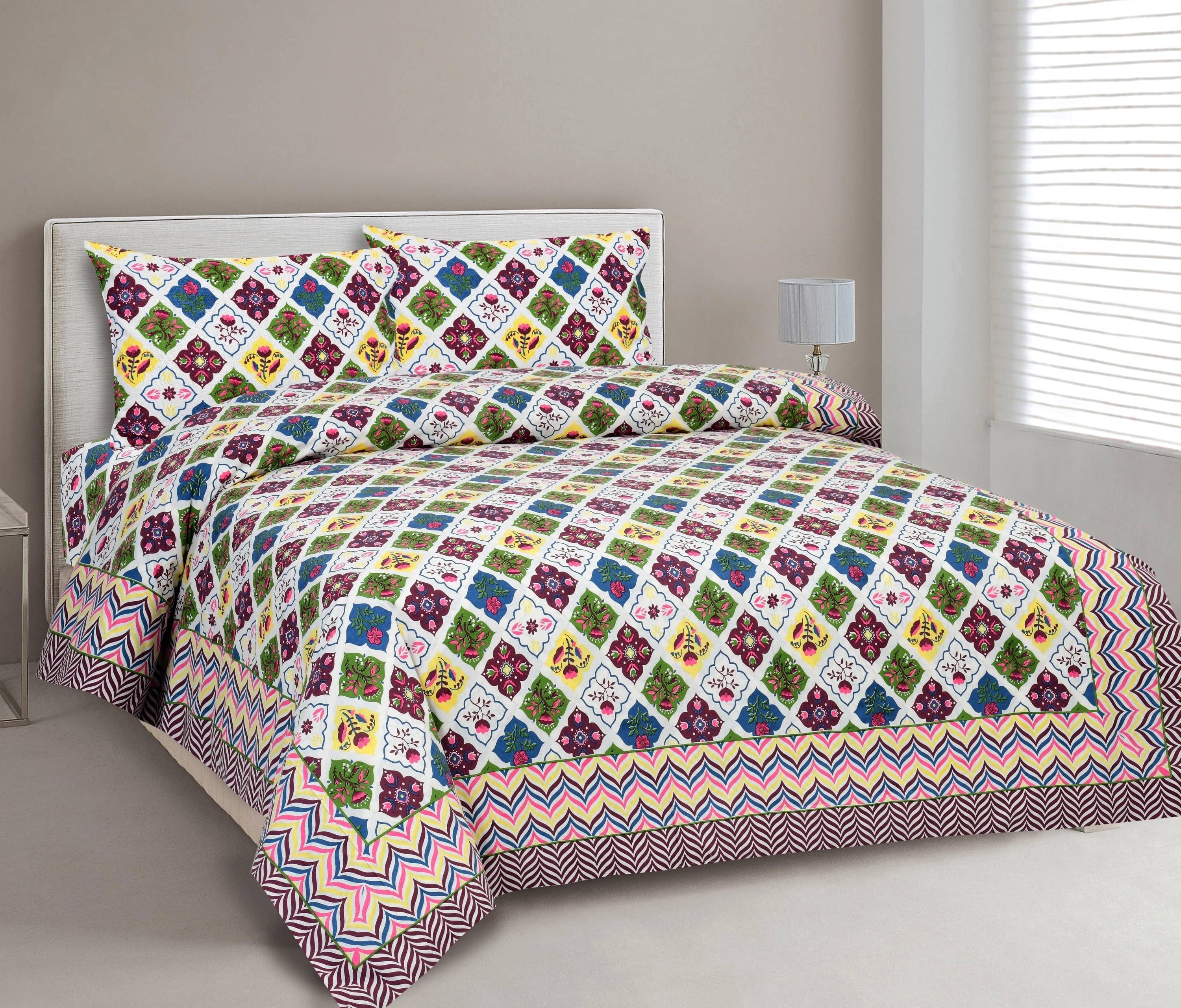 CLOTHORO Cotton 1 Double King Bedsheet with 2 Pillow Covers ( Multicolor ) CLOTHORO Cotton 1 Double King Bedsheet with 2 Pillow Covers ( Multicolor )