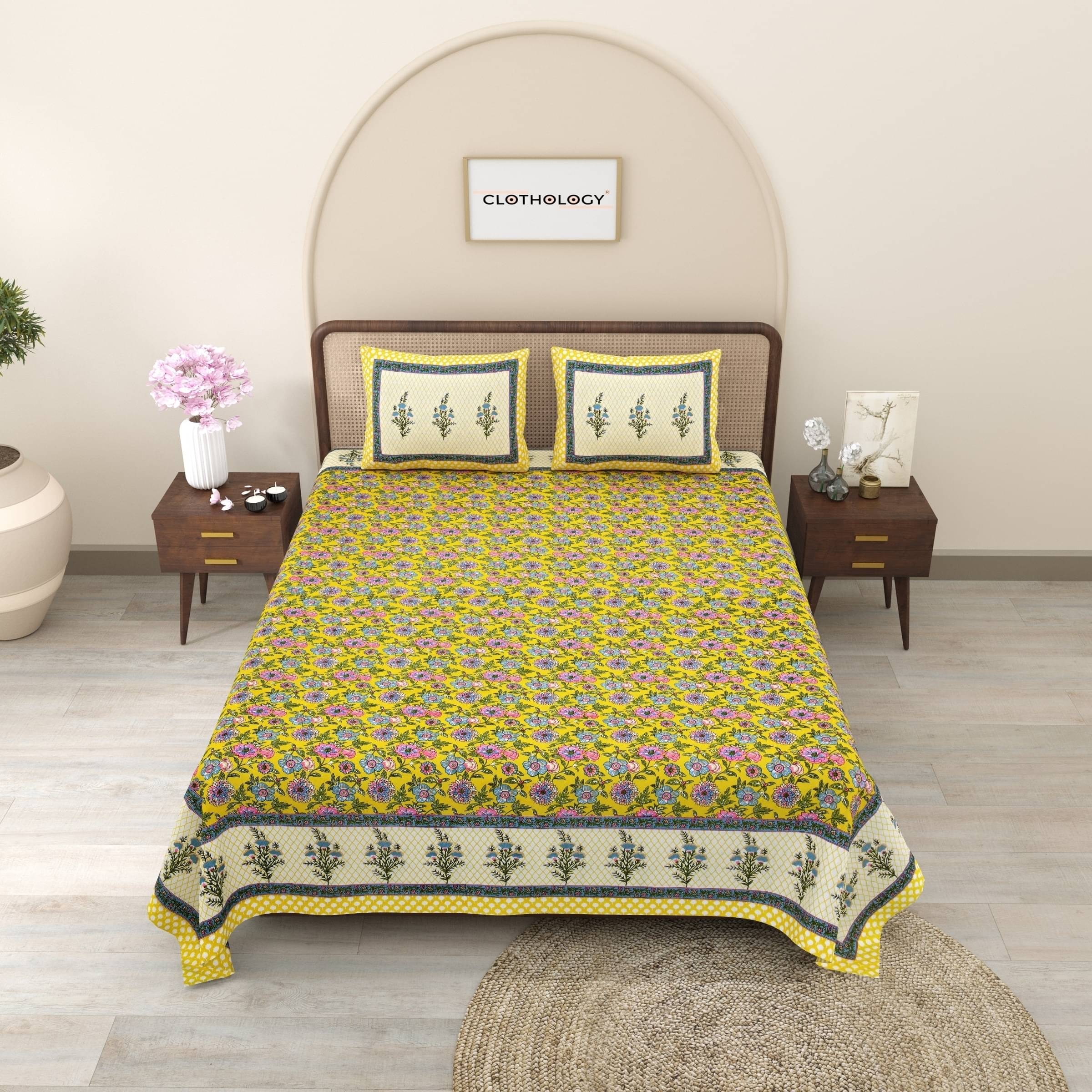     			CLOTHORO Cotton 1 Double King Bedsheet with 2 Pillow Covers ( Yellow )