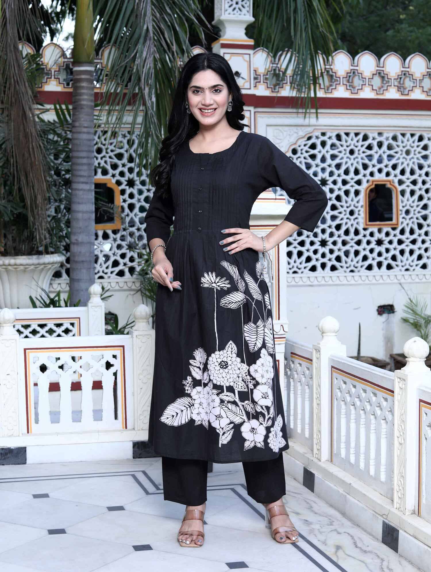 Doriyaan Cotton Printed Kurti With Palazzo Women's Stitched Salwar Suit - Black ( Pack of 1 )