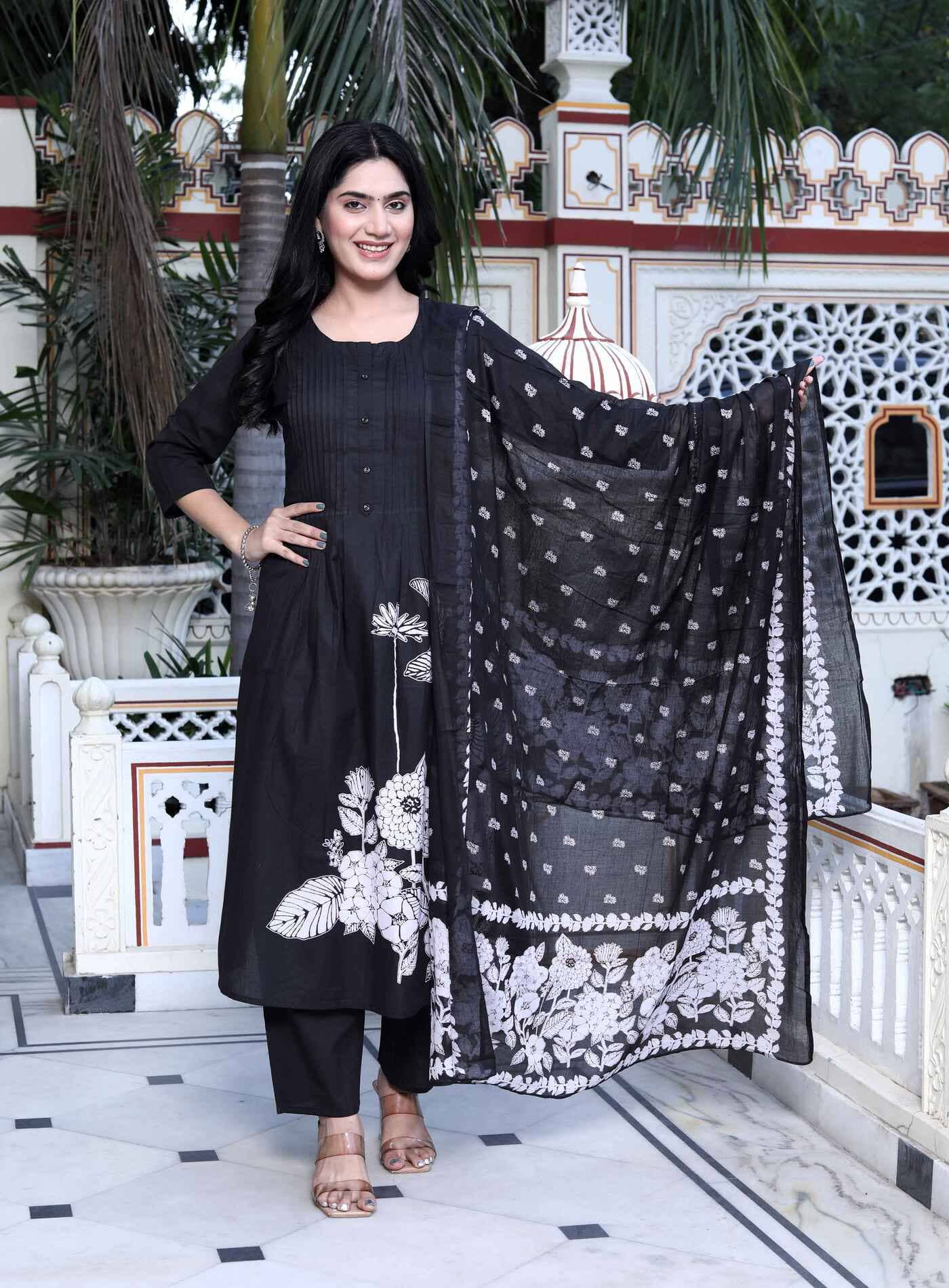 Doriyaan Cotton Printed Kurti With Palazzo Women's Stitched Salwar Suit - Black ( Pack of 1 )