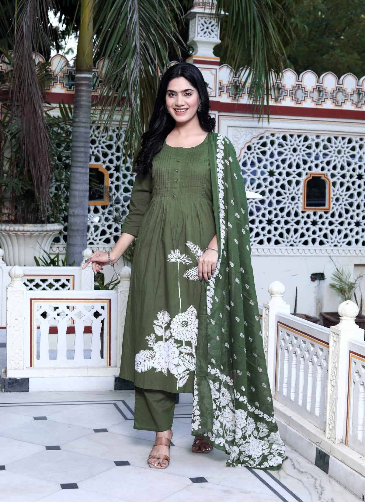Doriyaan Cotton Printed Kurti With Palazzo Women's Stitched Salwar Suit - Dark Green ( Pack of 1 )