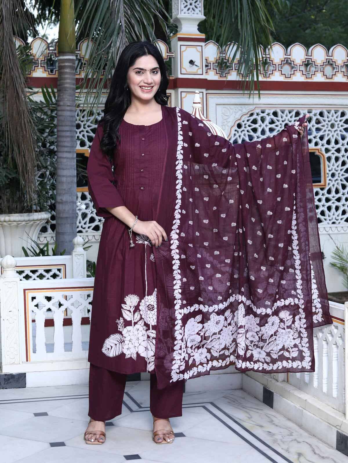 Doriyaan Cotton Printed Kurti With Palazzo Women's Stitched Salwar Suit - Wine ( Pack of 1 )