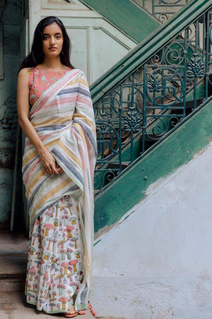     			JINAL & JINAL Chanderi Printed Saree With Unstitched Blouse Piece ( SkyBlue )