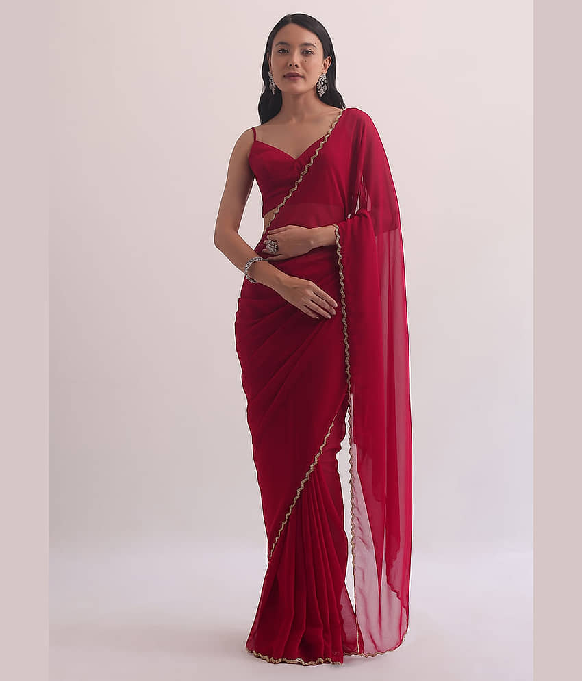 JINAL & JINAL Georgette Solid Saree With Unstitched Blouse Piece ( Blue ) - Sarees | Buy online on ZillyBuy