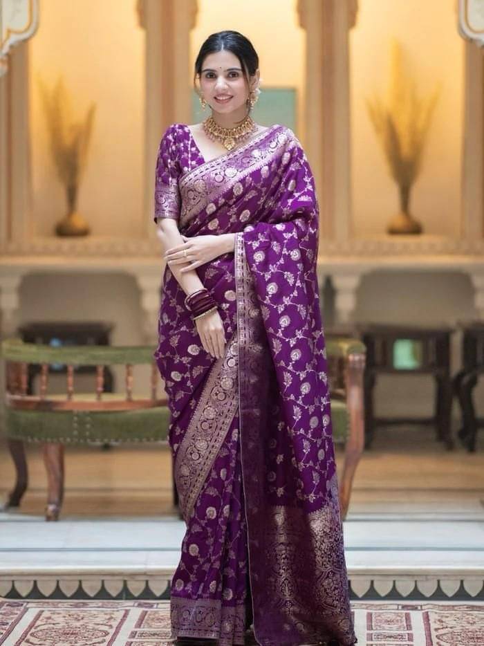 JINAL & JINAL Banarasi Silk Embroidered Saree With Unstitched Blouse Piece ( Purple ) JINAL & JINAL Banarasi Silk Embroidered Saree With Unstitched Blouse Piece ( Purple )