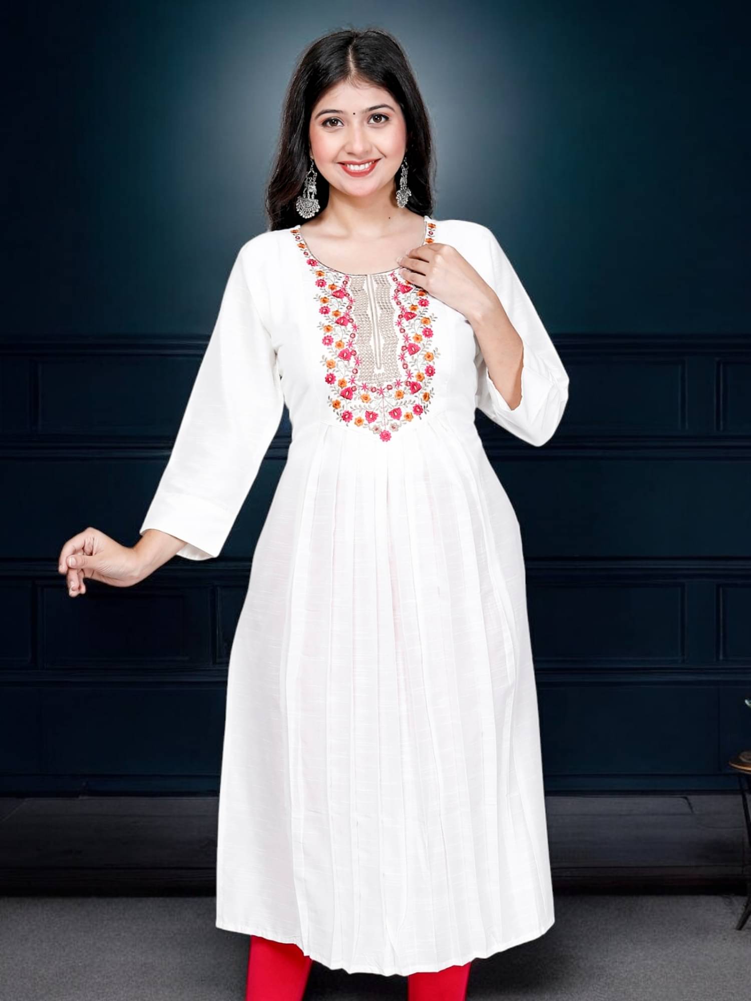     			Jevi Prints Pack of 1 Cotton Silk Embroidered A-line Women's Kurti - ( Cream )