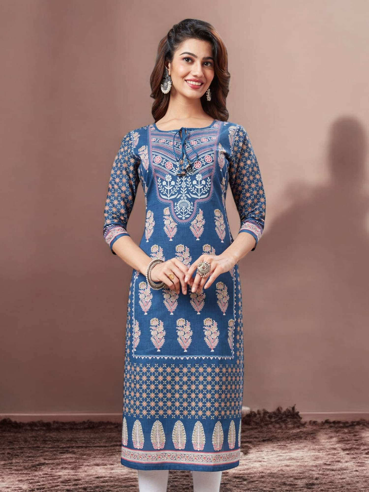    			Jevi Prints Pack of 1 Cotton Printed Straight Women's Kurti - ( Blue )