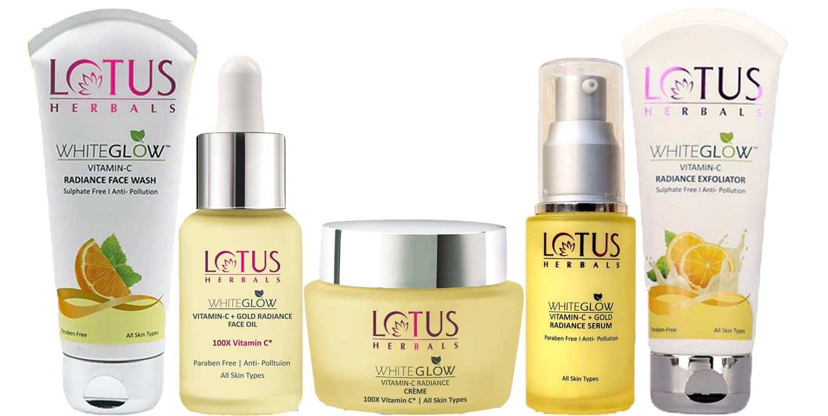     			Lotus Herbals Vitamin-C Cream 50g ,FaceWash 100g ,Exfoliater 100g ,Serum 30ml ,Face Oil 15ml (Pack of 5)