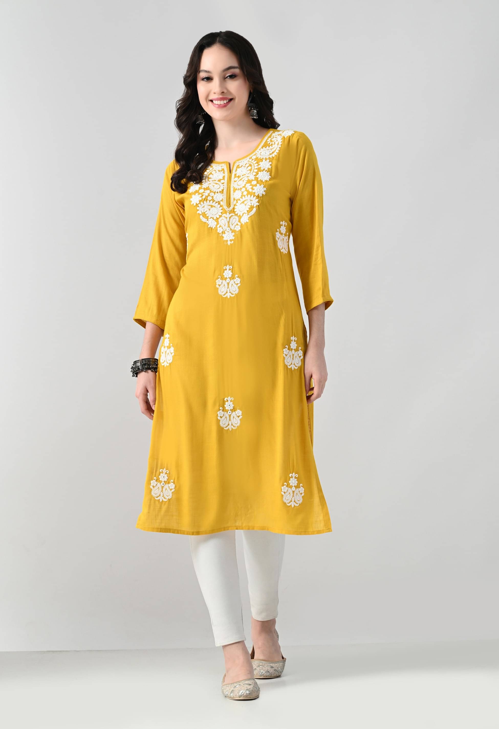     			MAURYA Pack of 1 Rayon Solid Straight Women's Kurti - ( Yellow )