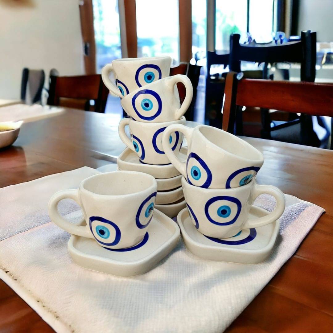     			Malaikah Evil Eye Cup & Saucer Abstract Ceramic Tea Set 200 ml ( Pack of 6 )