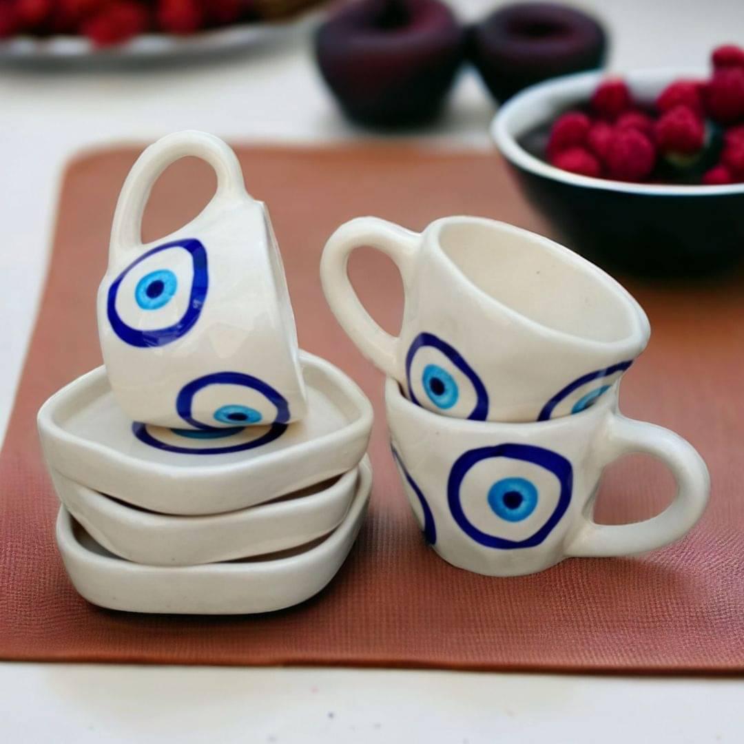     			Malaikah Evil Eye Cup & Saucer Abstract Ceramic Tea Set 200 ml ( Pack of 3 )