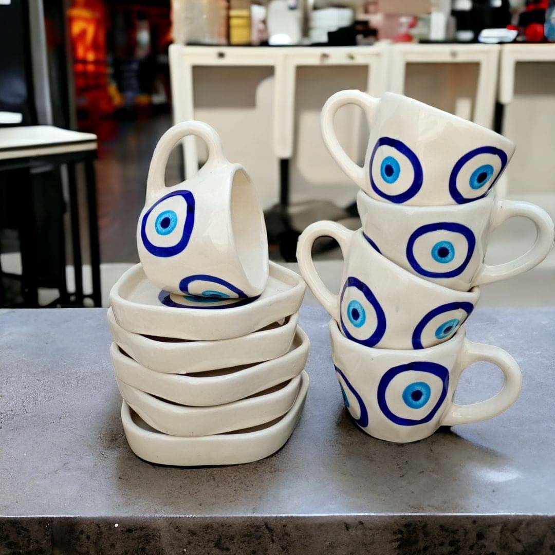     			Malaikah Evil Eye Cup & Saucer Abstract Ceramic Tea Set 300 ml ( Pack of 5 )