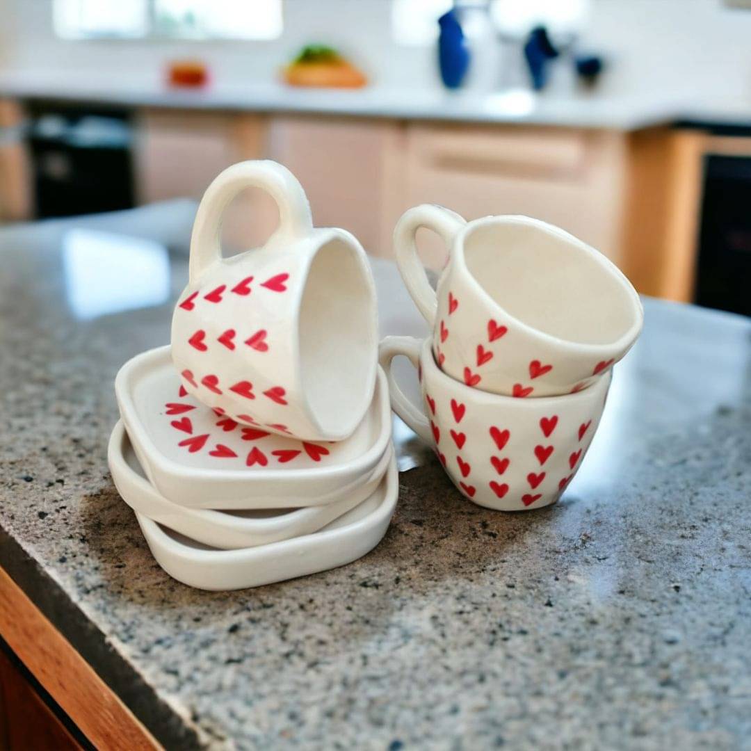     			Malaikah Red Heart Cup & Saucer Abstract Ceramic Tea Set 200 ml ( Pack of 3 )