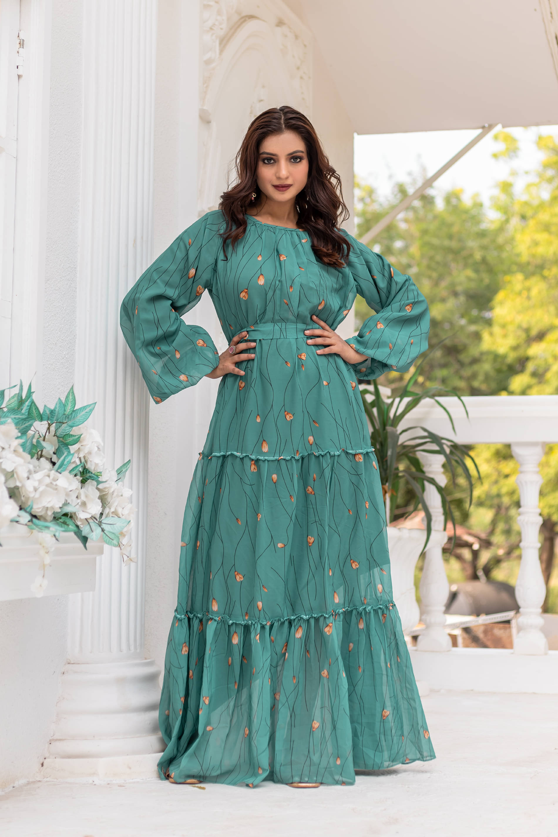     			SARINKU Teal Flared Georgette Women's Semi Stitched Ethnic Gown ( Pack of 1 )