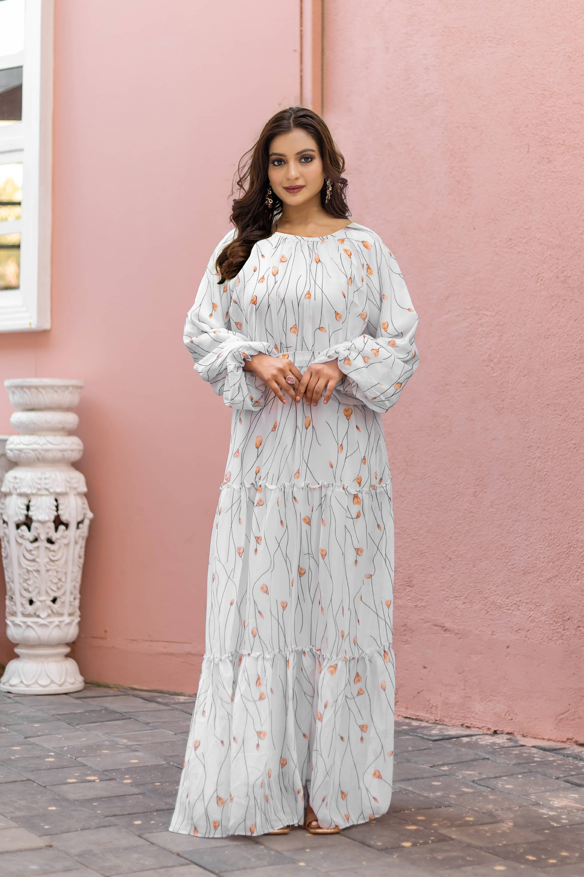     			SARINKU White Flared Georgette Women's Stitched Ethnic Gown ( Pack of 1 )