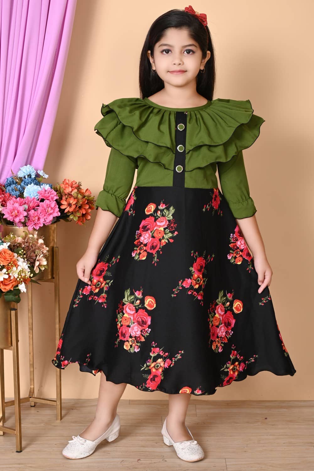 SM glob Cotton Blend A-line Dress For Girls ( Pack of 1 , Black & Green )