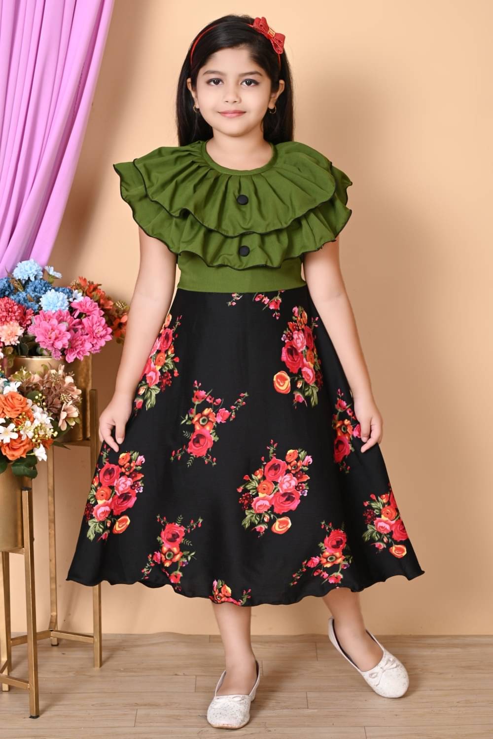     			SM glob Cotton Blend A-line Dress For Girls ( Pack of 1 , Green & Black )