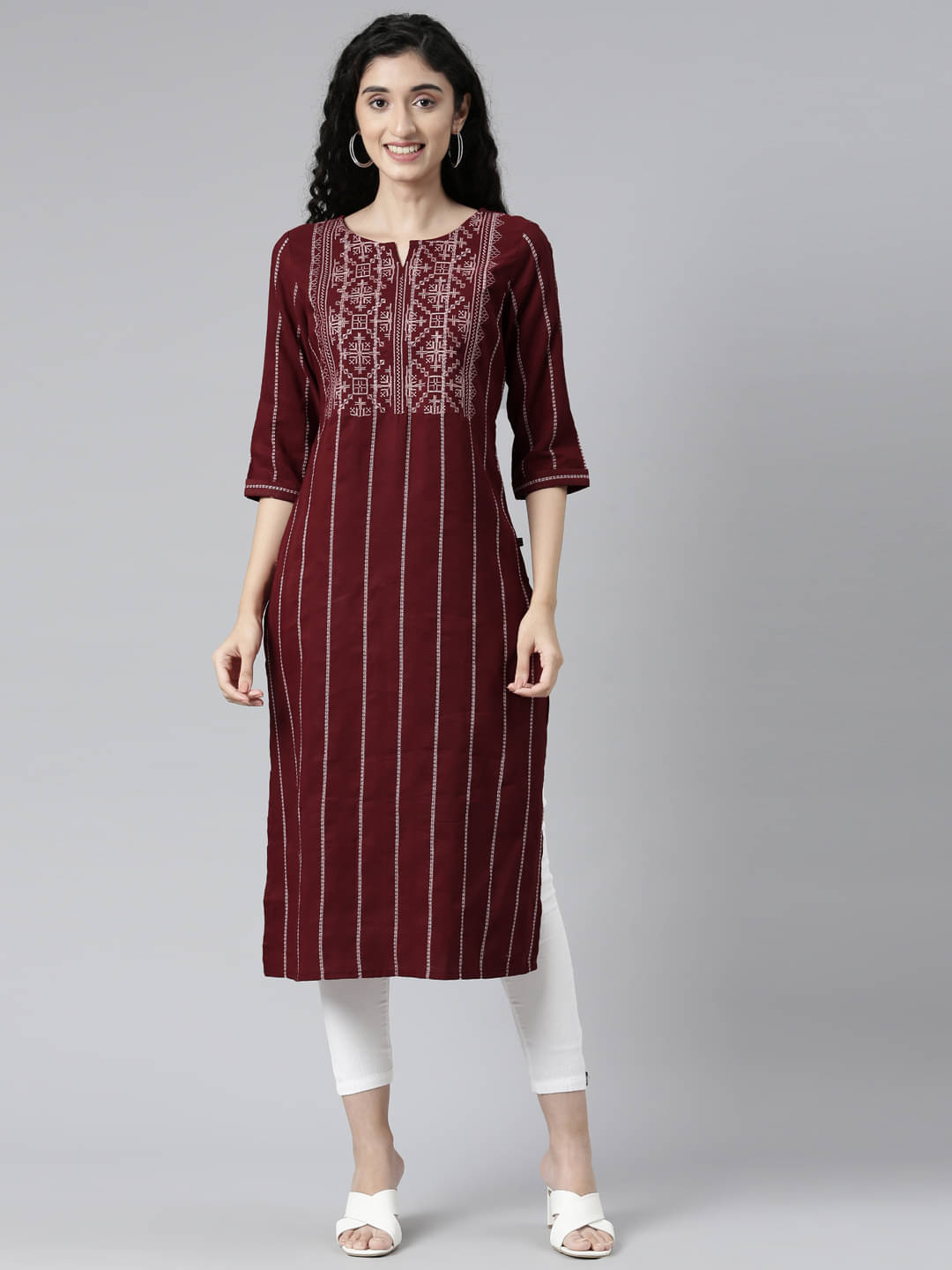 Samhitas Pack of 1 Chanderi Striped Straight Women's Kurti - ( Maroon ) Samhitas Pack of 1 Chanderi Striped Straight Women's Kurti - ( Maroon )