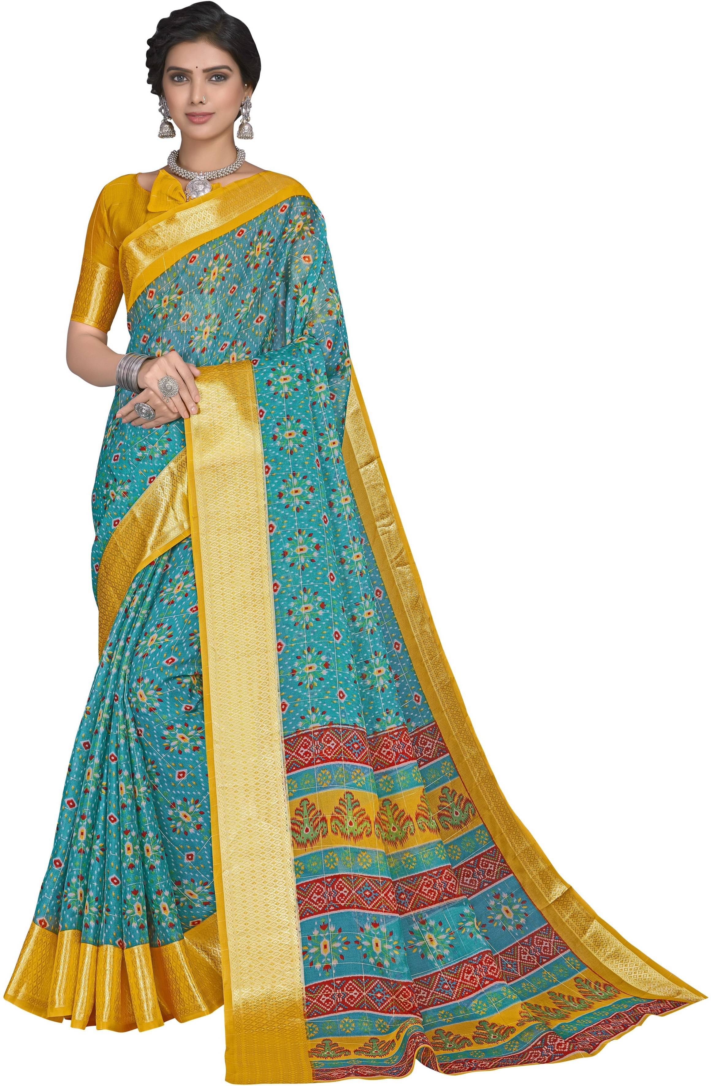 Sariya Organza Printed Saree With Unstitched Blouse Piece ( Blue ) Sariya Organza Printed Saree With Unstitched Blouse Piece ( Blue )