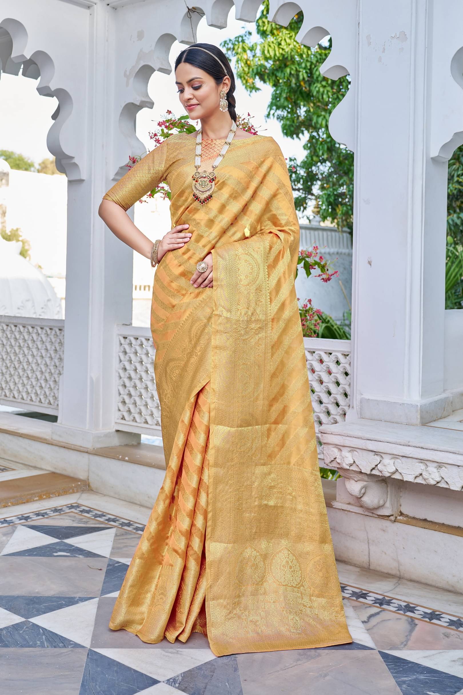 Sariya Organza Woven Saree With Unstitched Blouse Piece ( Peach ) Sariya Organza Woven Saree With Unstitched Blouse Piece ( Peach )