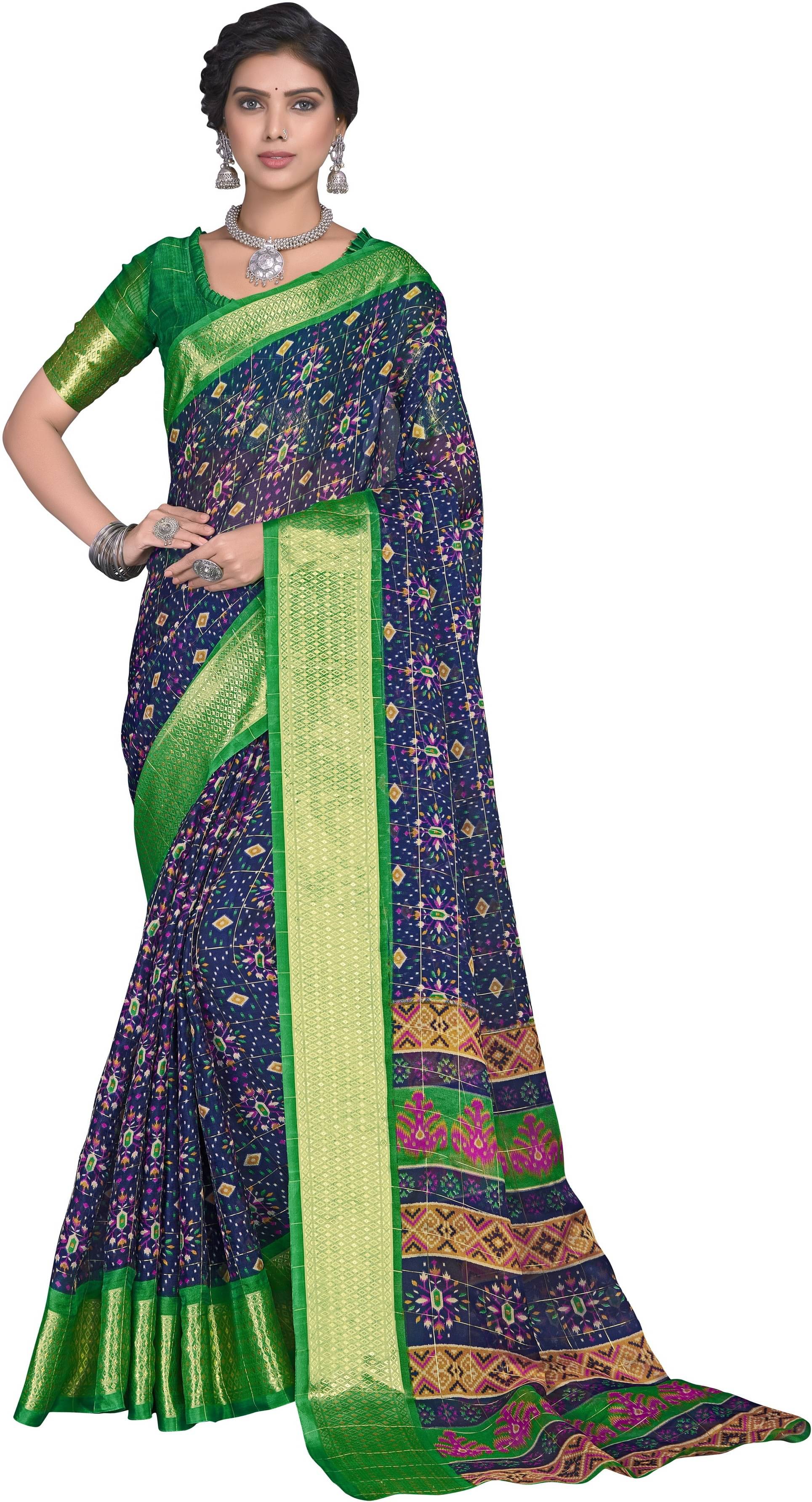     			Sariya Organza Printed Saree With Unstitched Blouse Piece ( Navy Blue )