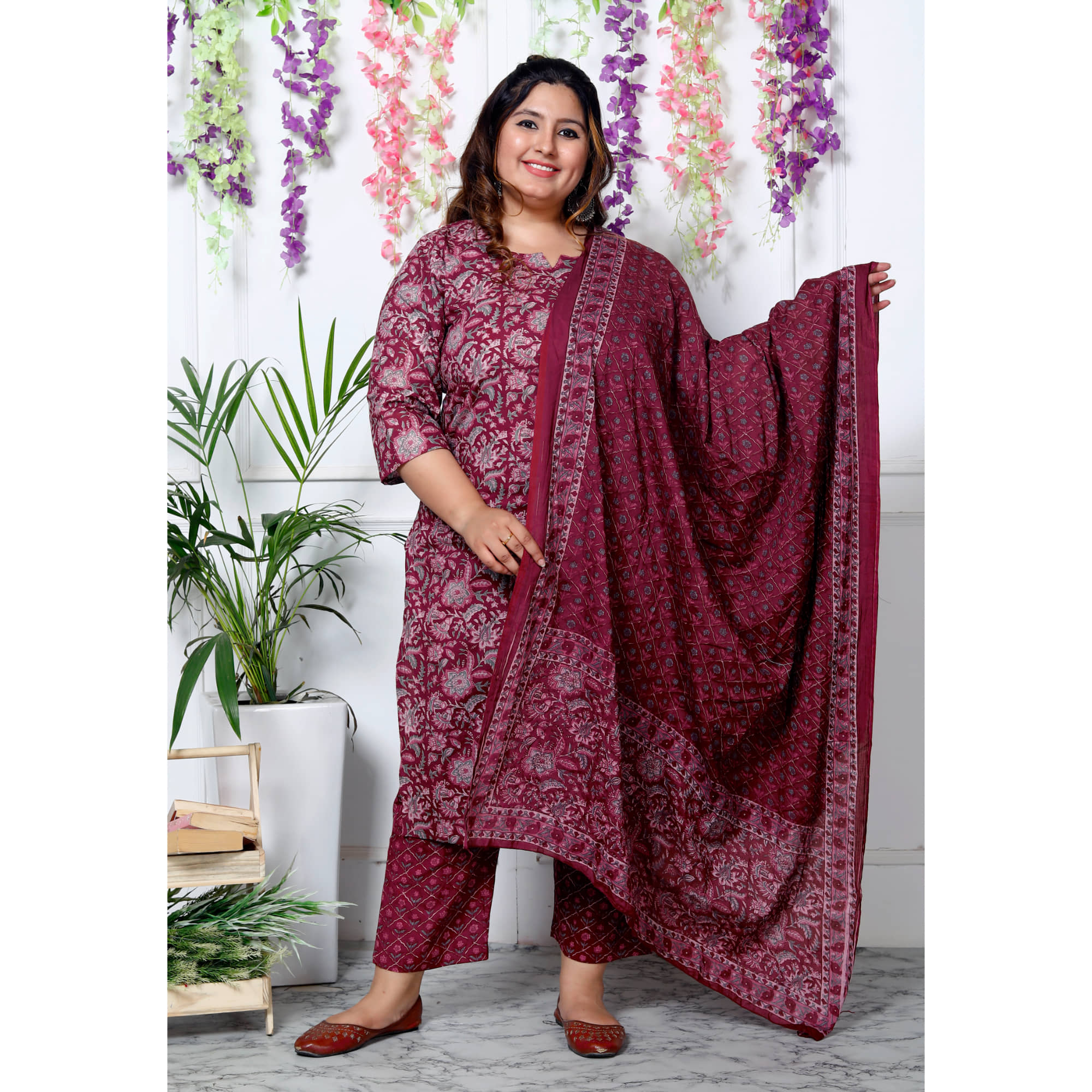 Swasti Cotton Printed Kurti With Palazzo Women's Stitched Salwar Suit - Maroon ( Pack of 1 )