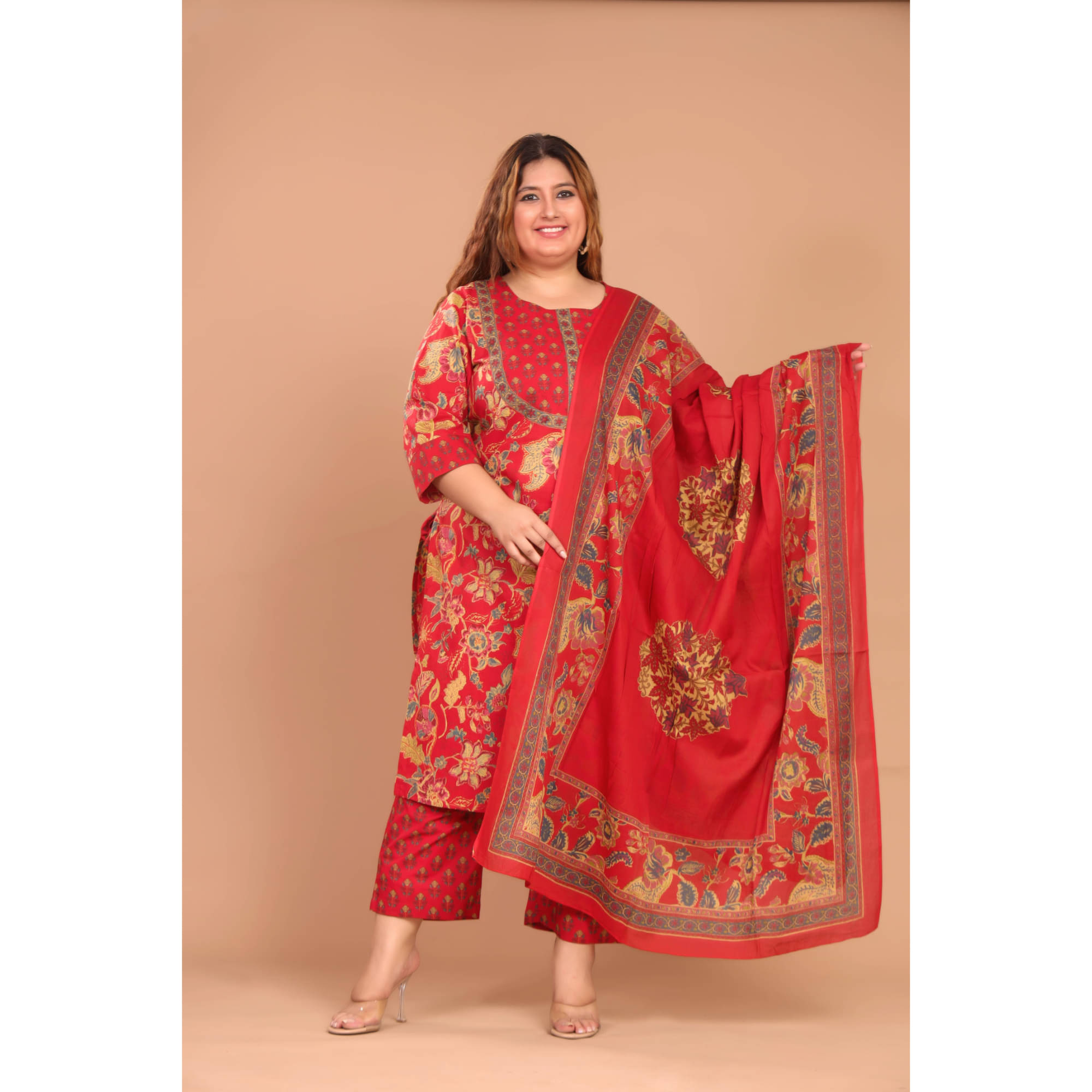 Swasti Cotton Printed Kurti With Palazzo Women's Stitched Salwar Suit - Red ( Pack of 1 ) Swasti Cotton Printed Kurti With Palazzo Women's Stitched Salwar Suit - Red ( Pack of 1 )