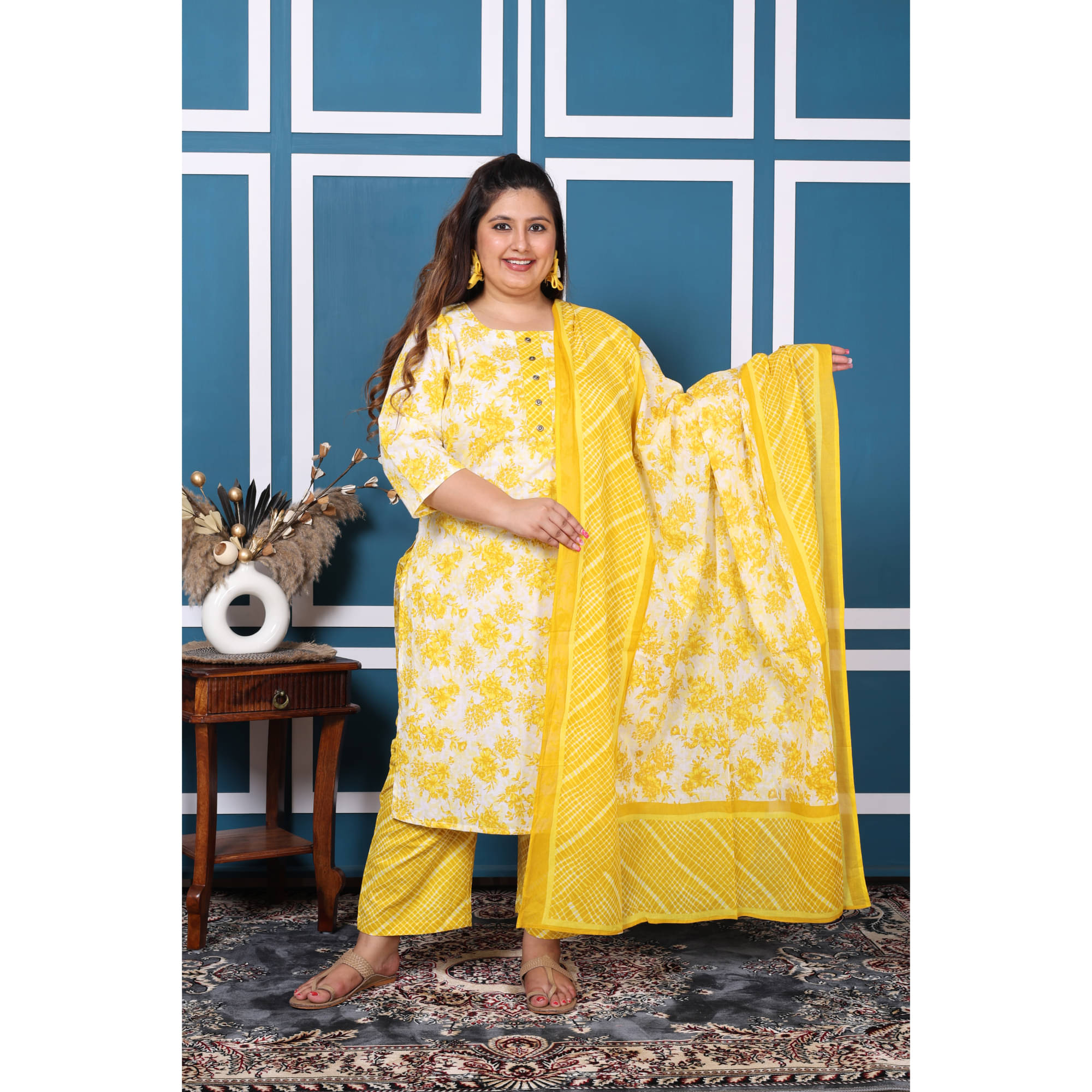 Swasti Cotton Printed Kurti With Palazzo Women's Stitched Salwar Suit - Yellow ( Pack of 1 ) Swasti Cotton Printed Kurti With Palazzo Women's Stitched Salwar Suit - Yellow ( Pack of 1 )