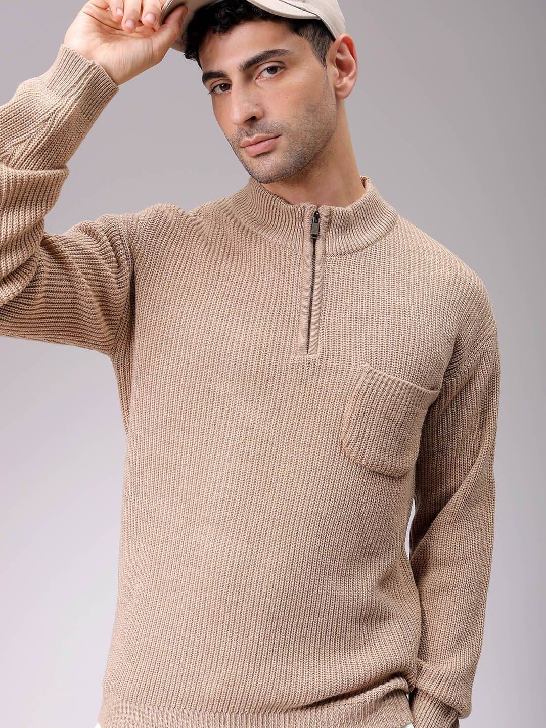     			The Indian Garage Co. Acrylic High Neck Men's Full Sleeves Pullover Sweater - Beige ( Pack of 1 )