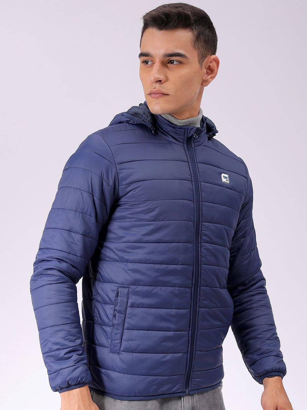     			The Indian Garage Co Men Blue Solid Detachable Hood Quilted Jacket