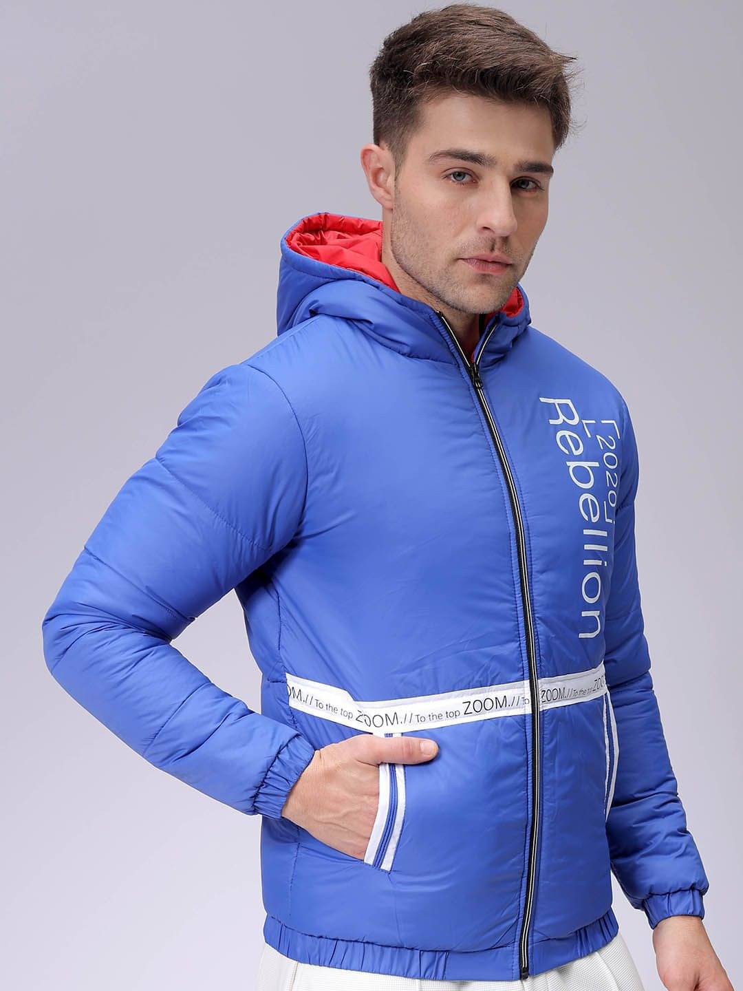 The Indian Garage Co Men Colourblocked Lightweight Puffer Jacket with Patchwork The Indian Garage Co Men Colourblocked Lightweight Puffer Jacket with Patchwork