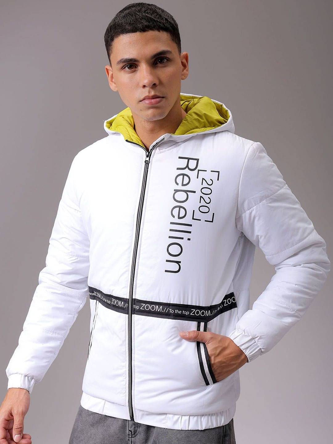 The Indian Garage Co Men Hooded Typography Printed Casual Quilted Jacket The Indian Garage Co Men Hooded Typography Printed Casual Quilted Jacket