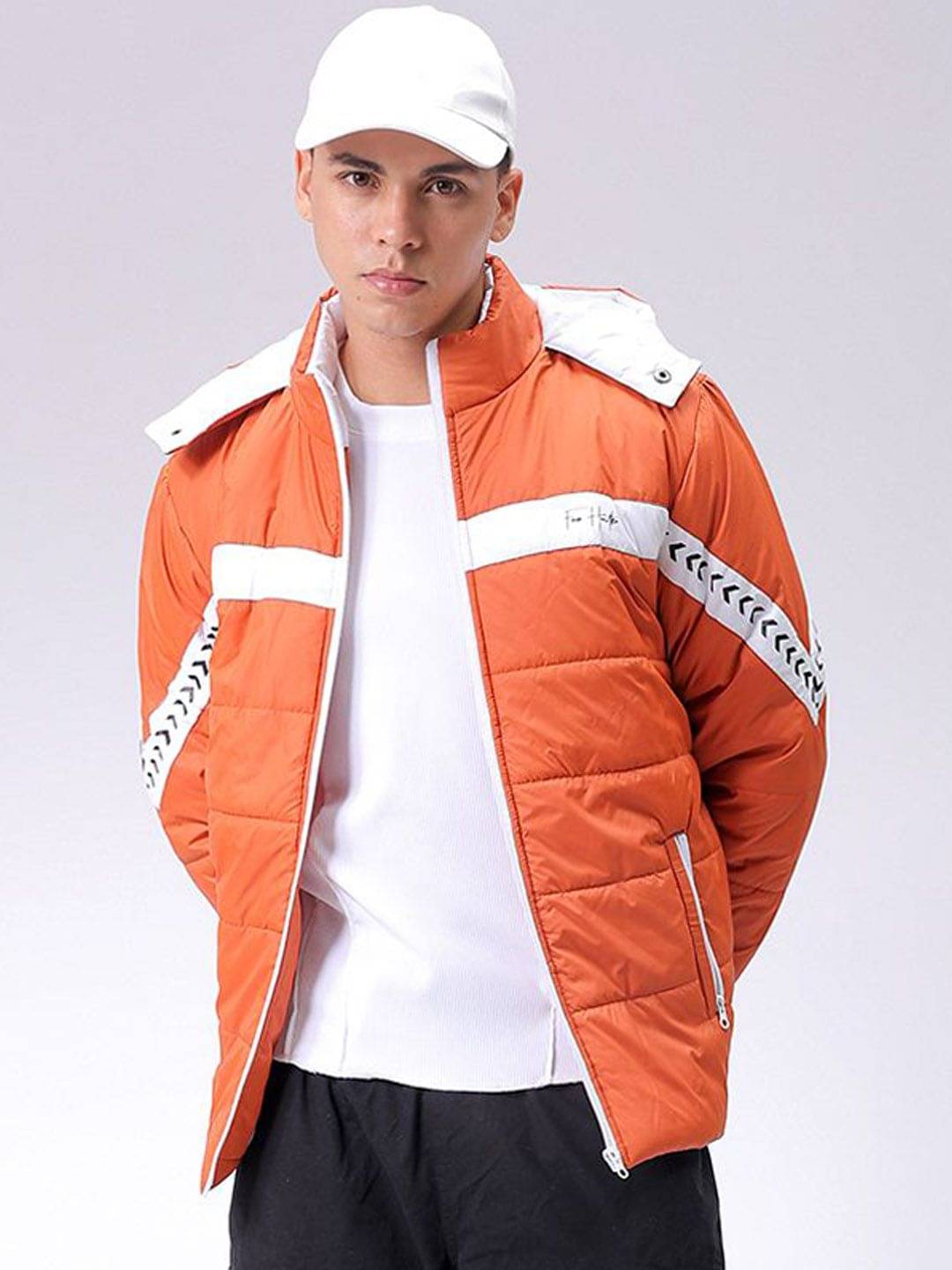 The Indian Garage Co Men Hooded Striped Casual Padded Jacket The Indian Garage Co Men Hooded Striped Casual Padded Jacket
