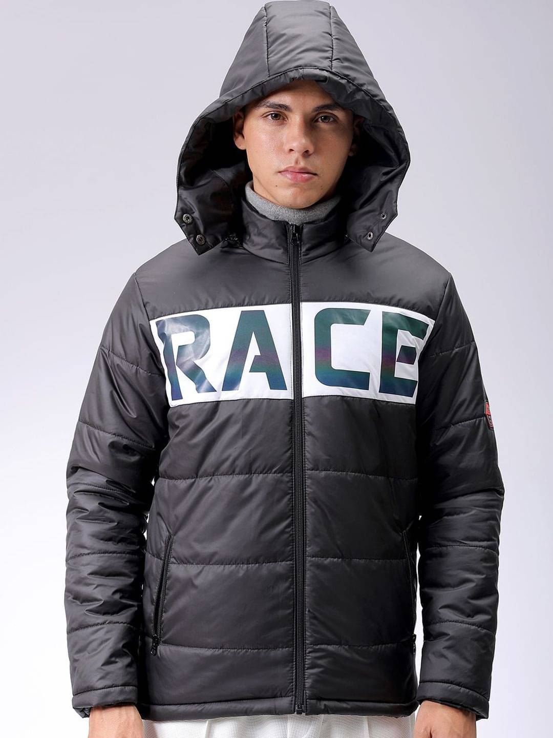The Indian Garage Co Men Black Reflective Print Detachable Hood Padded Jacket The Indian Garage Co Men Black Reflective Print Detachable Hood Padded Jacket