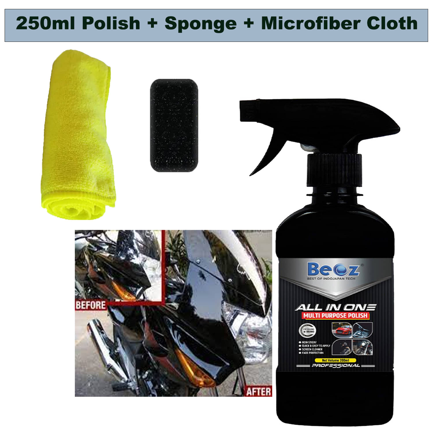     			BEOZ Bike Polish with microfiber and cleaning Sponge - 250 ml All In One Liquid Polish ,Car Polish , Dashboard Polish , Body Polish / Bike Polish , Interior Polish , High Gloss ,Long Lasting ,Spray Polish (250 ml)
