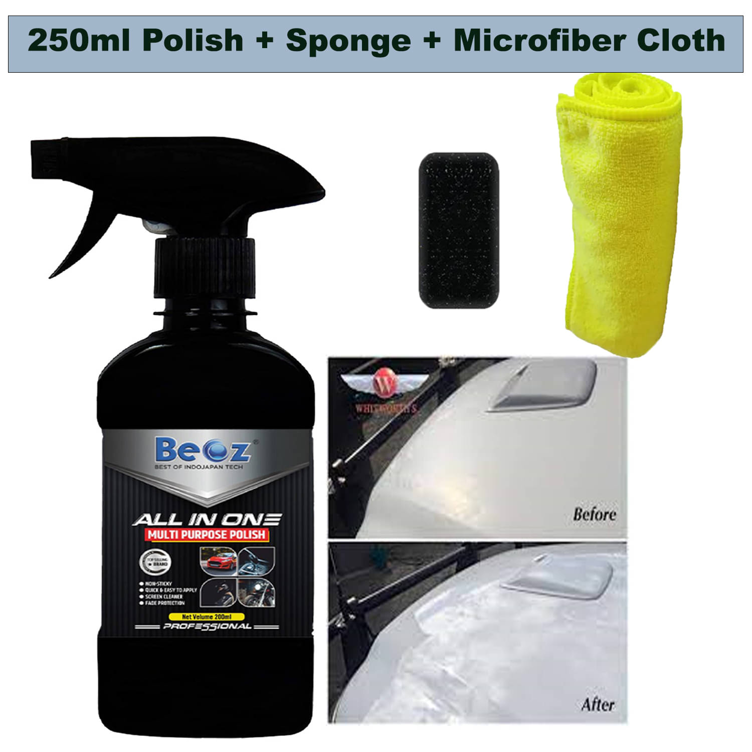     			BEOZ Bike Polish with microfiber and cleaning Sponge - 250 ml All In One Liquid Polish ,Car Polish , Dashboard Polish , Body Polish / Bike Polish , Interior Polish , High Gloss ,Long Lasting ,Spray Polish (250 ml)