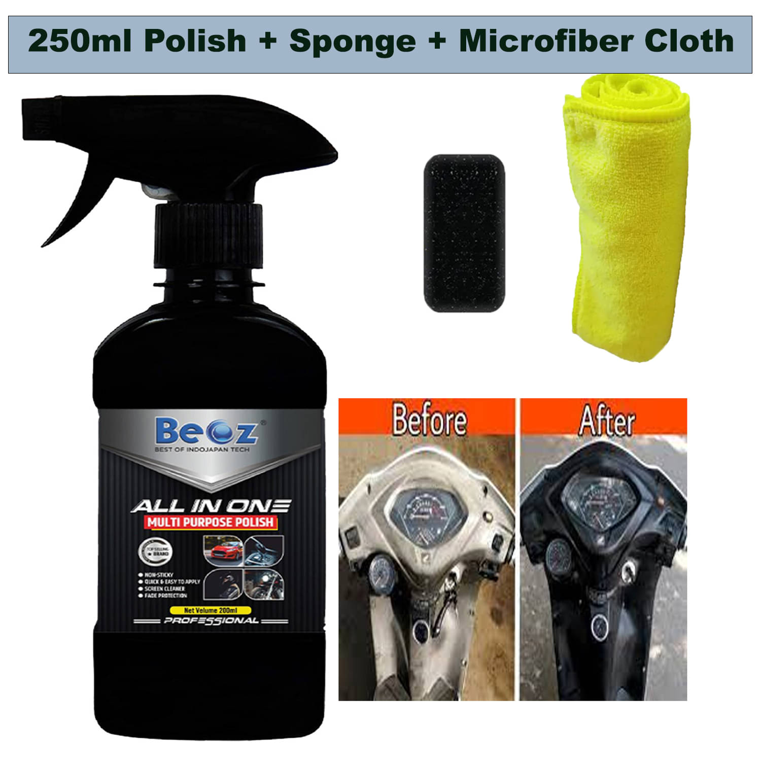     			BEOZ Bike Polish with microfiber and cleaning Sponge - 250 ml All In One Liquid Polish ,Car Polish , Dashboard Polish , Body Polish / Bike Polish , Interior Polish , High Gloss ,Long Lasting ,Spray Polish (250 ml)