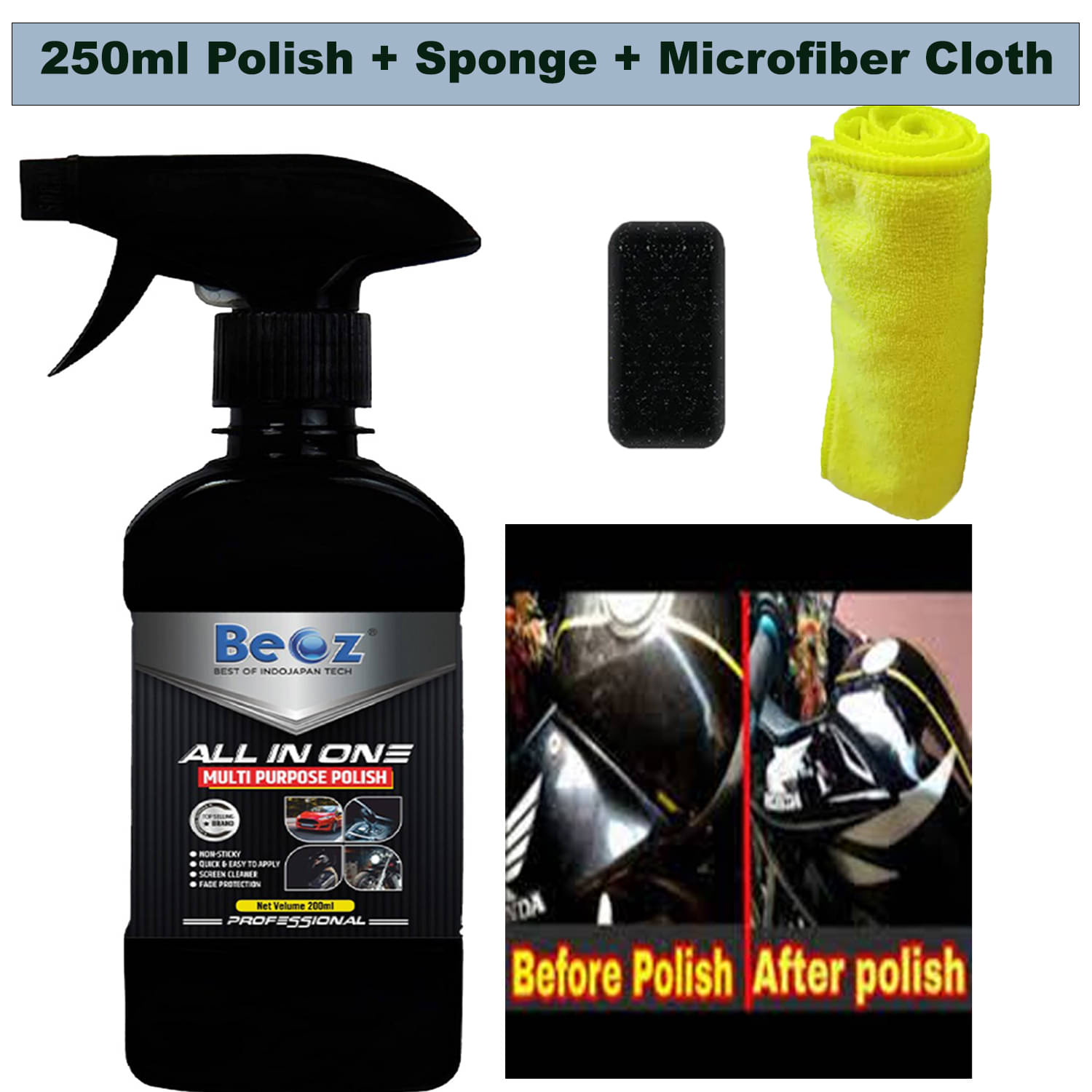     			BEOZ Bike Polish with microfiber and cleaning Sponge - 250 ml All In One Liquid Polish ,Car Polish , Dashboard Polish , Body Polish / Bike Polish , Interior Polish , High Gloss ,Long Lasting ,Spray Polish (250 ml)